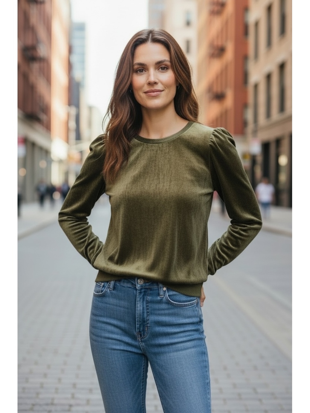 Heartloom Allie Velvet Pullover | S | Olive Green | Ribbed Puff Sleeve Top